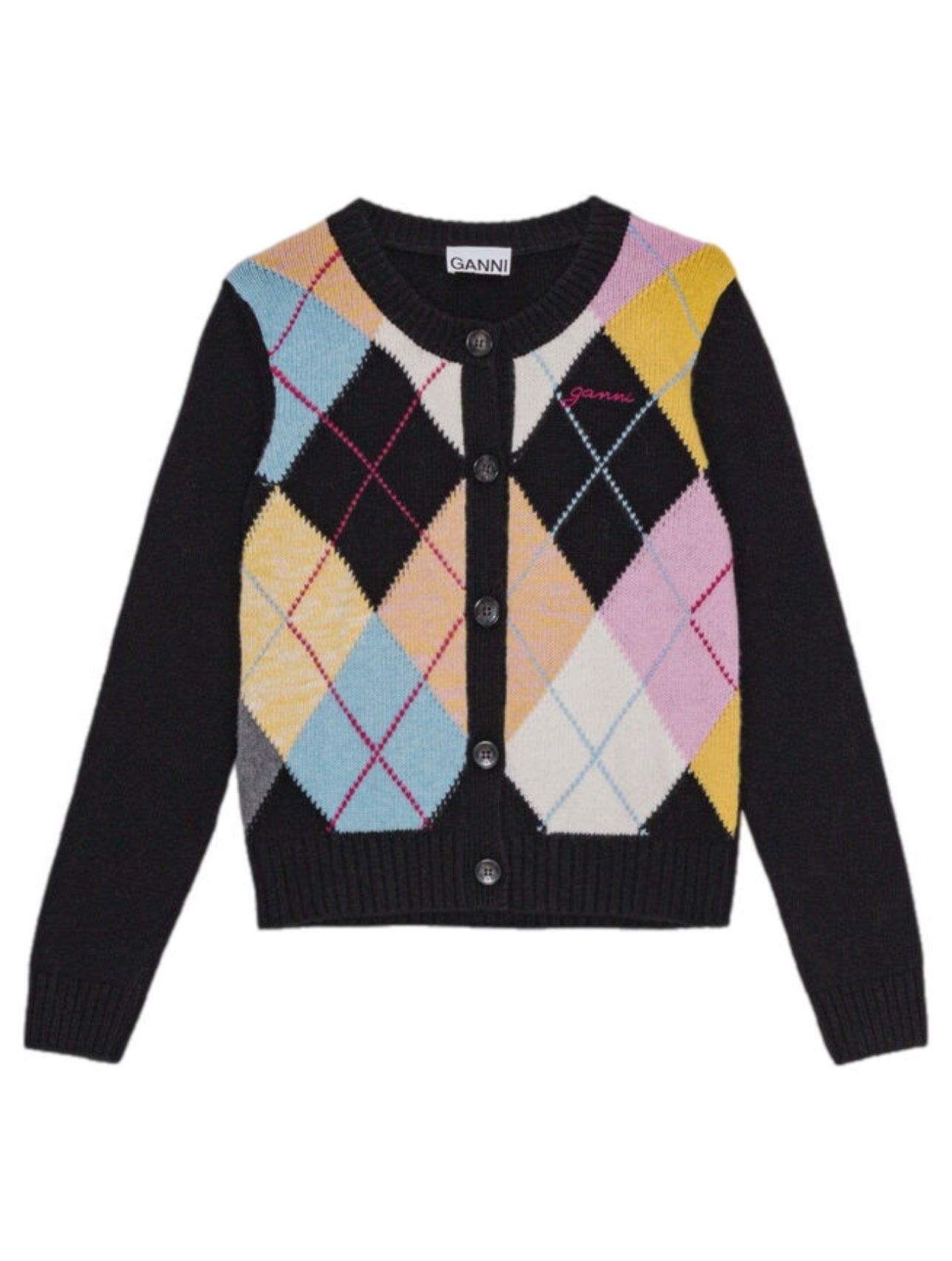 Ganni Harlequin Wool Mix Knit Cardigan – women's designer knitwear