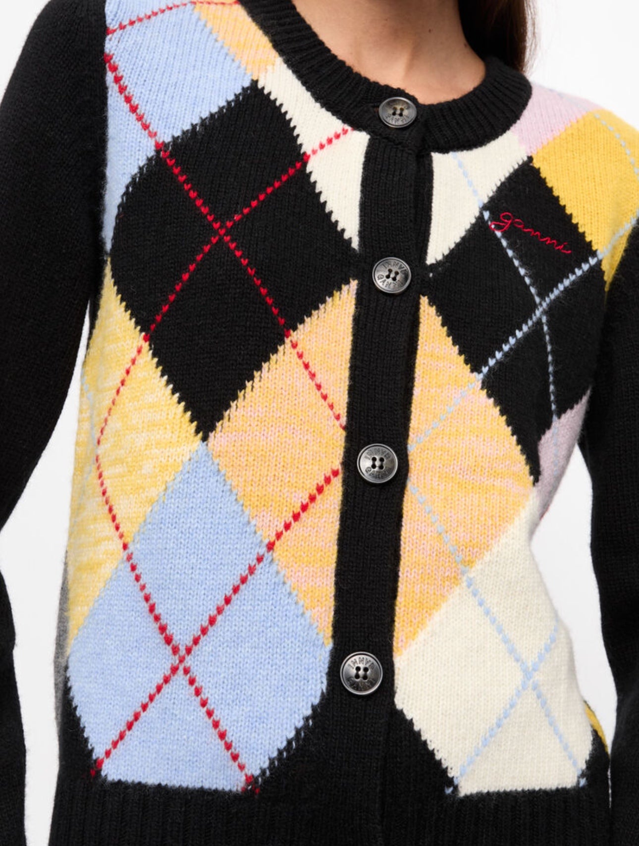 Ganni Harlequin Wool Mix Knit Cardigan – women's designer knitwear (view 4)