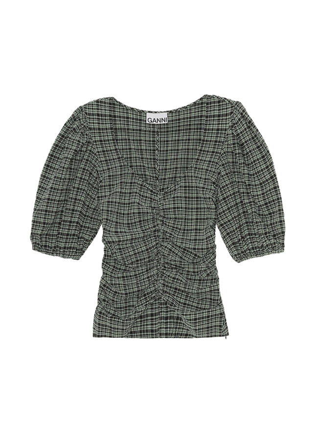 Ganni Stretch Seersucker U-Neck Gathered Blouse – women's designer apparel