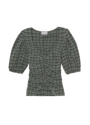 Ganni Stretch Seersucker U-Neck Gathered Blouse – women's designer apparel